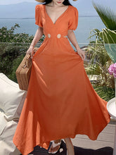 Load image into Gallery viewer, Women&#39;s Bohemian Orange Waist Cut Puff Sleeve Long Party Evening Gown A Line Summer Robe Maxi Dress