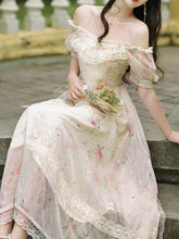 Load image into Gallery viewer, Light Yellow Lace Off The Shoulder Puff Sleeve Edwardian Revival Dress