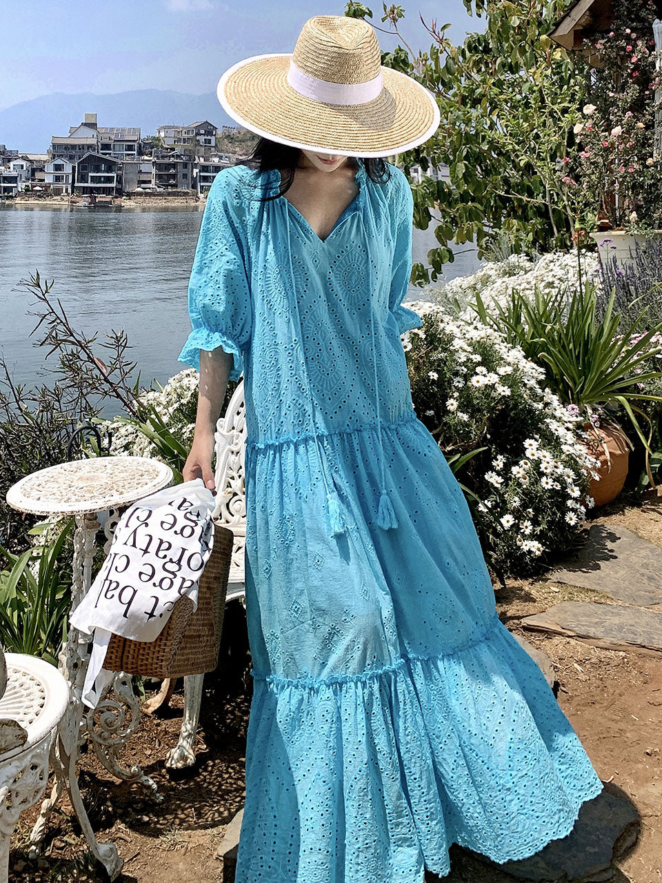 fitted lace wedding dress Women's Bohemian Tassel Hollow Lace Blue Maxi Boho Dress, Blue / L