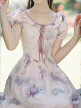 Load image into Gallery viewer, Purple Round Neck Ruffle Short Puff Sleeve Corset Vintage Fairy Dress