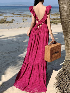 Women's Bohemian Rose Ruffles Sleeveless A Line Summer Embroidery Fabric Maxi Dress