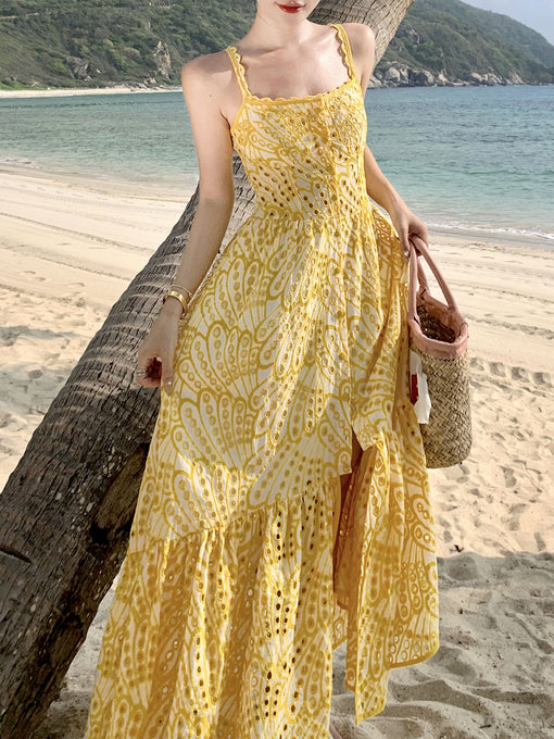 Women's Bohemian Yellow Bohemian Dress Maxi Dress