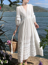 Load image into Gallery viewer, Women&#39;s Bohemian White V Neck Hollow Lace Maxi Boho Dress
