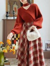 Load image into Gallery viewer, 2PS Red Sweater And Scottish Plaid Swing Skirt 1950S Vintage Audrey Hepburn&#39;s Style Outfits