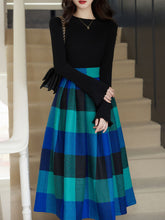 Load image into Gallery viewer, 2 Piece Black Crew Neck Bell Sleeves Sweater and Blue Plaid Swing Skirt Set