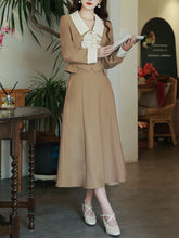 Load image into Gallery viewer, 2PS Khaki Cascade Collar Coat and Swing Skirt Vintage 1950S Dress Suit