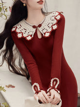 Load image into Gallery viewer, 1940S Red High Waist Knitted Sweater Long Sleeve Vintage Dress