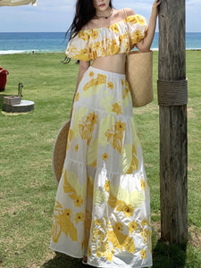 Women's Bohemian White Off The Shoulder Hollow Lace Boho Skirt Suit