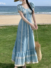 Load image into Gallery viewer, Women&#39;s Bohemian Blue Lace Puff Sleeve Summer Robe Maxi Dress
