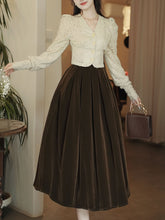 Load image into Gallery viewer, White Lace V Neck Top and Brown Velvet Swing Skirt Dress Set