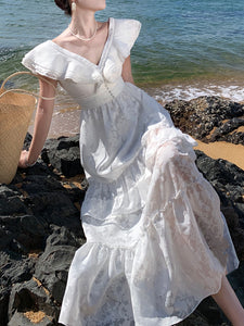 Women's Bohemian White V Neck Ruffles Maxi Boho Dress
