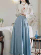 Load image into Gallery viewer, 1950S Vintage Embroidered  White Shirt And Blue Swing Skirt Set
