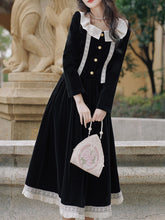 Load image into Gallery viewer, 2PS Black Velvet Dress With White Lace Collar Top and Swing Skirt Vintage 1950s Suits