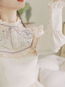 White Frilled Collar Cottagecore Long Sleeve Vintage 1950S Swing Dress