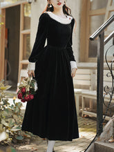 Load image into Gallery viewer, White Bertha Collar 1950S Black Velvet Hepburn Style Vintage Dress