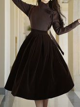 Load image into Gallery viewer, Brown Flower Turtleneck Sweater and Velvet Swing Skirt Dress Set