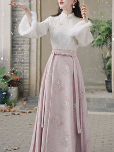 2PS Pink Stand Collar Bell Sleeve Embroidered Top and Horse-face Skirt Vintage Suits