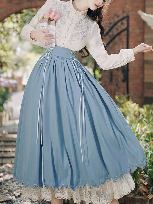 1950S Vintage Embroidered Puffed Sleeve Shirt And Swing Skirt Set