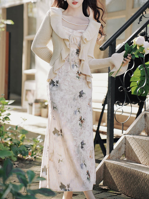 2PS Apricot Floral Print Spaghetti Strap Velvet Dress With White Knit Cardigan Dress Suit