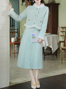 2PS Green Long Sleeve Warm Coat With Suspender Skirt Vintage Suit