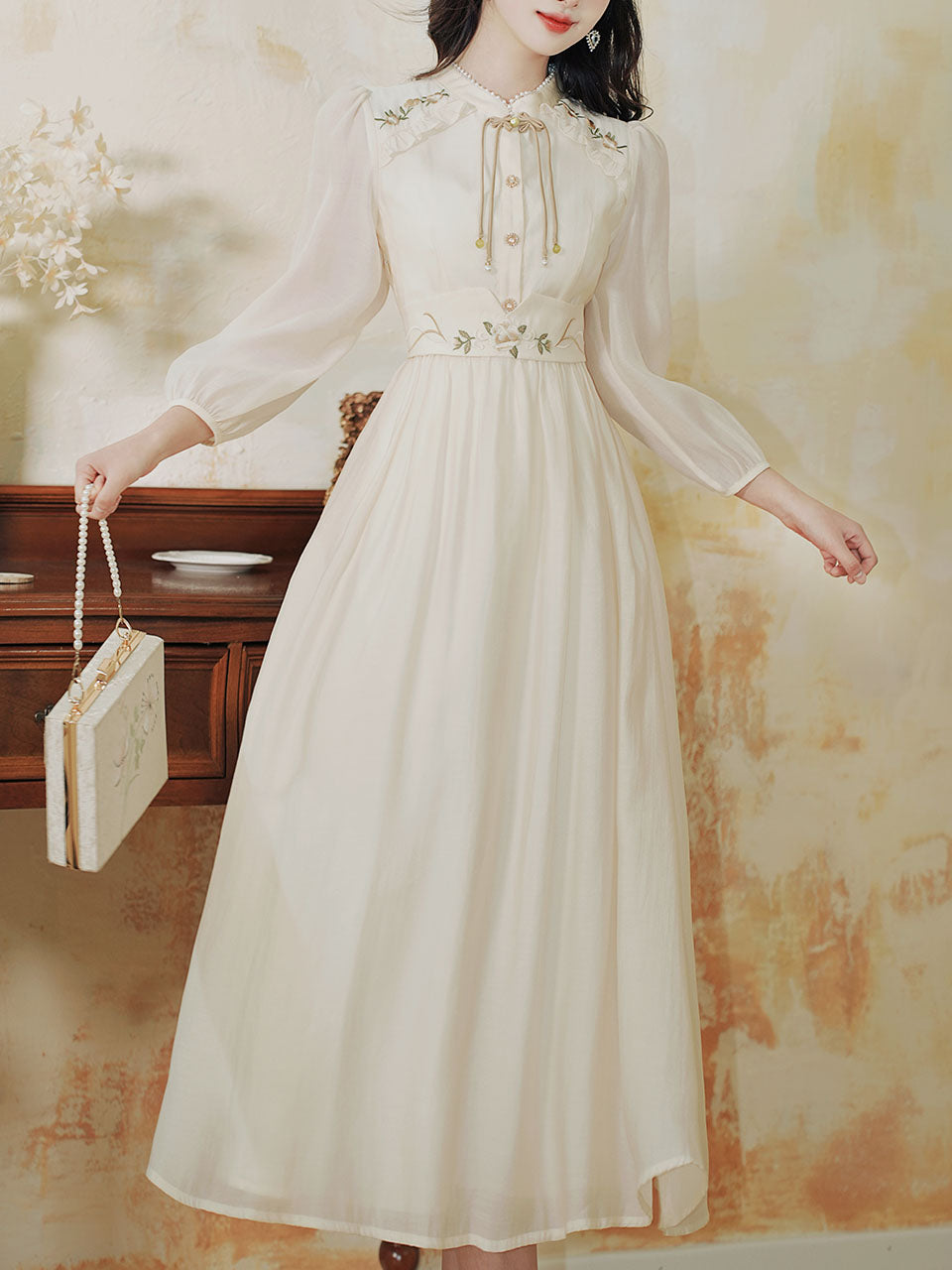 Apricot Embroidered Long Sleeve Vintage Dress with Belt, Apricot / XS