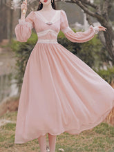 Load image into Gallery viewer, Pink Rose Girl Retro Lace V-neck Chiffon Long Lantern Sleeve Coquette Dress