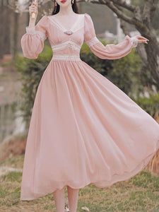Pink Rose Girl Retro Lace V-neck Chiffon Long Lantern Sleeve Coquette Dress