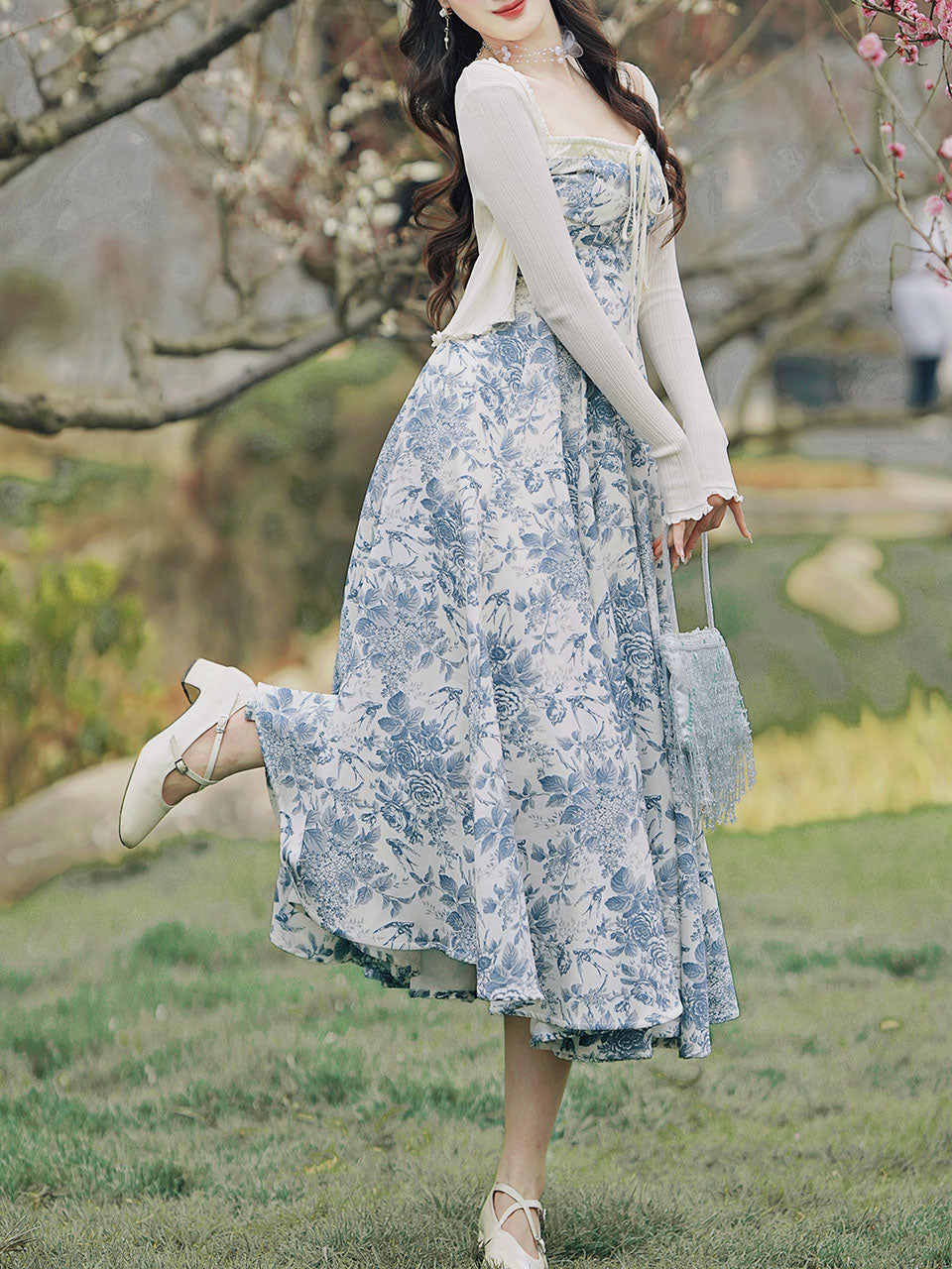 2PS Apricot Cardigan With Blue Porcelain Pattern Swing Dress Jolly Vintage 2PS Apricot Cardigan With Blue Porcelain Pattern Swing Dress Jolly Vintage
