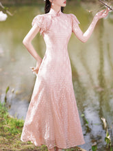 Load image into Gallery viewer, Pink Lace Puff Sleeve Cheongsam Fishtail Vinatge Dress