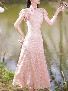 Pink Lace Puff Sleeve Cheongsam Fishtail Vinatge Dress