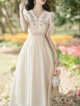Load image into Gallery viewer, White V Neck Short Embroidered Puff Sleeve 1950S Vintage Dress
