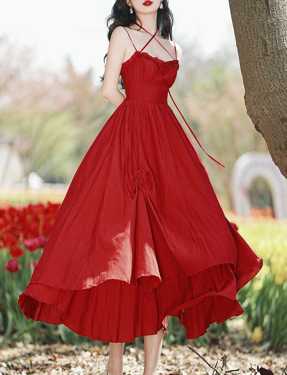 Red Rose Ruffles Spaghetti Strap Irregular Hem Dress, Red / L