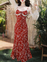 Load image into Gallery viewer, Red Floral Strap Fishtail Dress with Cardigan Vintage Outfit