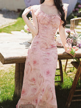 Load image into Gallery viewer, Lychee Rose Ruffle Round Neck Bodycon Chiffon Dress