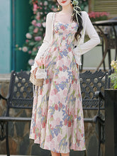 Load image into Gallery viewer, 2PS White Floral Print Spaghetti Strap 1950S Vintage Dress With Long Sleeve Ruffles Cardigan