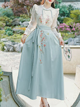 Load image into Gallery viewer, 2PS Blue Stand Collar Embroidered Top and White Horse-face Skirt Vintage Suits