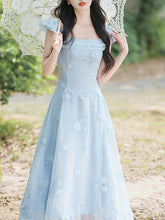 Load image into Gallery viewer, Baby Blue Sea Salt Flowers Delicate Fabric Square Neck Vintage Midi Cute Dress