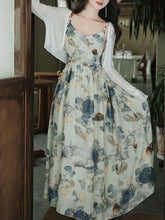 Load image into Gallery viewer, 2PS Blue Floral Print Spaghetti Strap 1950S Vintage Dress With Long Sleeve Cardigan