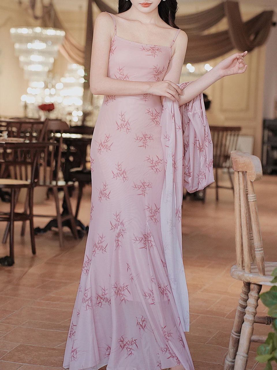 vintage printed v-neck long-sleeve elegant dress High quality slim fit elegant retro printed V-neck Long dress Long sleeve no belt / XL