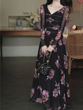 Load image into Gallery viewer, Black V-neck Floral Print Long Sleeve Maxi Dress
