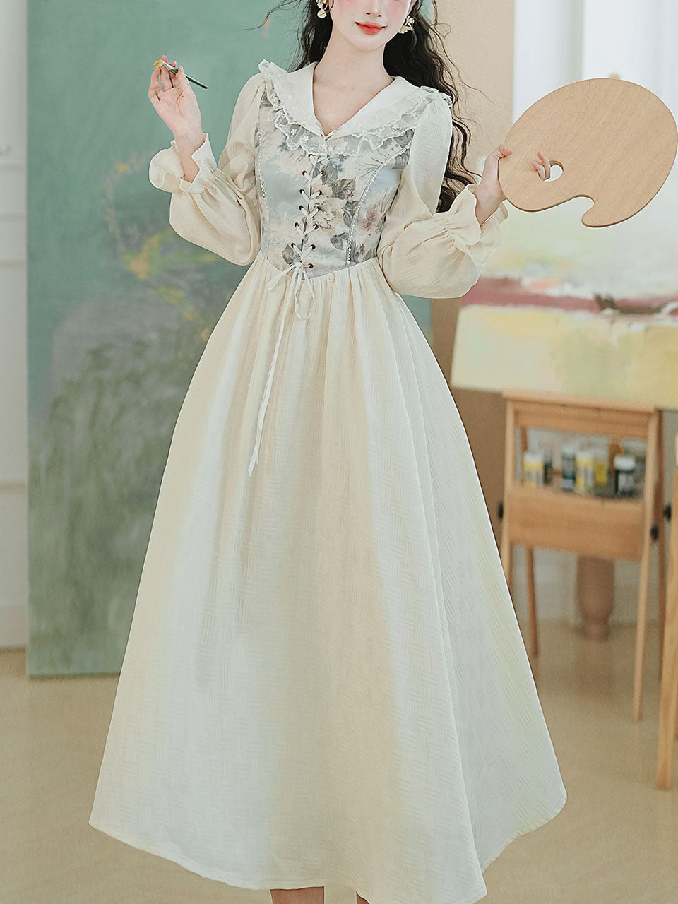 White V Neck Printed Long Sleeve Corset Vintage Dress, White / XS