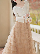 Load image into Gallery viewer, 2PS White V Neck Knitted Sweater and Swing Mesh Fairy Skirt Dress Set