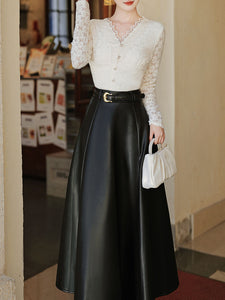 2 Piece Cardigan Top With PU Swing Skirt 1950s Vintage Outfits