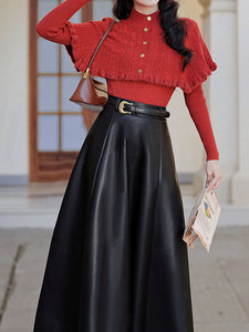3 Piece Cardigan Top With PU Swing Skirt 1950s Vintage Outfits