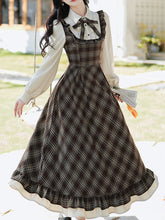 Load image into Gallery viewer, Brown Plaid Fake Two-Piece Long Sleeve Vintage Dress