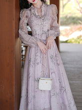 Load image into Gallery viewer, Purple Stand Collar Puff Long Sleeve Vintage Dress