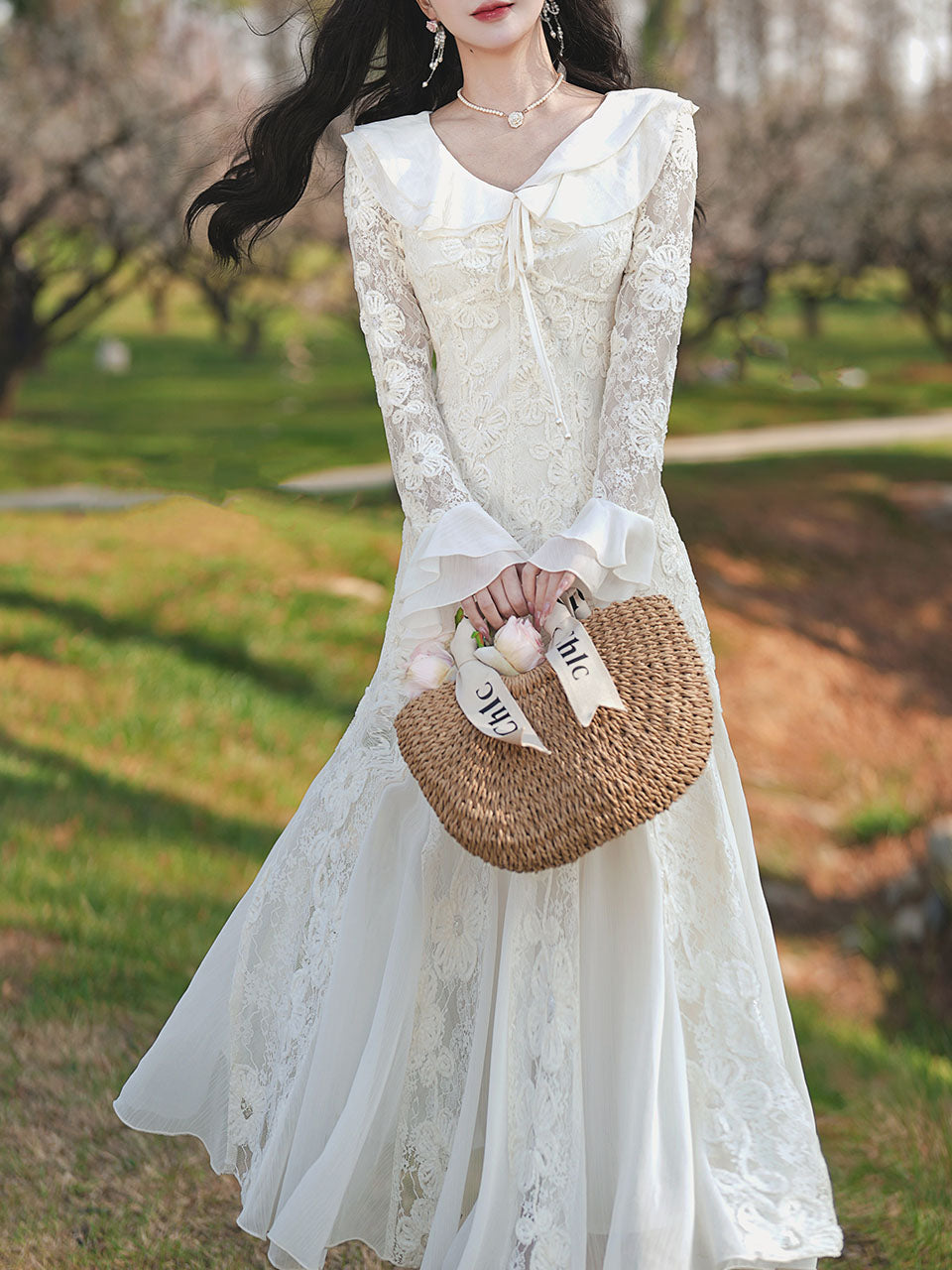 White V Neck Lace Flowers Long Sleeve Fishtail Wedding Vintage Dress Jolly Vintage White V Neck Lace Flowers Long Sleeve Fishtail Wedding Vintage Dress Jolly Vintage