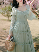 Load image into Gallery viewer, Green Square Collar Lace Ruffles Edwardian Revival Vintage Dress