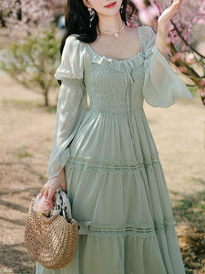 Green Square Collar Lace Ruffles Edwardian Revival Vintage Dress