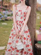Load image into Gallery viewer, 2PS Red Rose Spaghetti Strap 1950S Vintage Dress With Long Sleeve Ruffles Cardigan